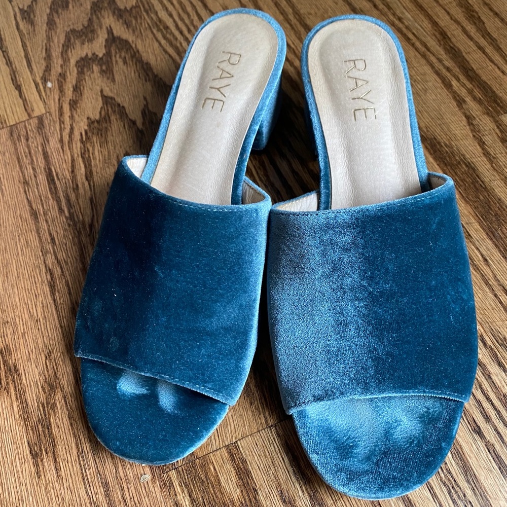 RAYE Blue Velvet Block Heel Slides